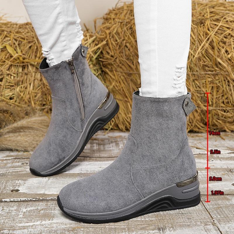 Dames Suede Enkelboots met Brede Wijdte en Sleehak - Enkelboots met Rits aan de Zijkant en Blokhak voor de Herfst, Slankvallende Platform Modeboots