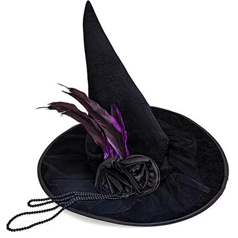 Halloween Party Velvet Witch Hats Party Wide Brim Pointed Hat Accessory Black Witch Hat with Chain Conjurer