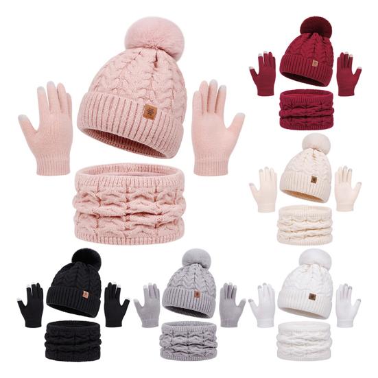 3Pcs/Set Women Winter Hat Scarf Gloves Set Twist Texture Plush Ball Decor Brimless Hat Scarf Touchscreen Glove Set