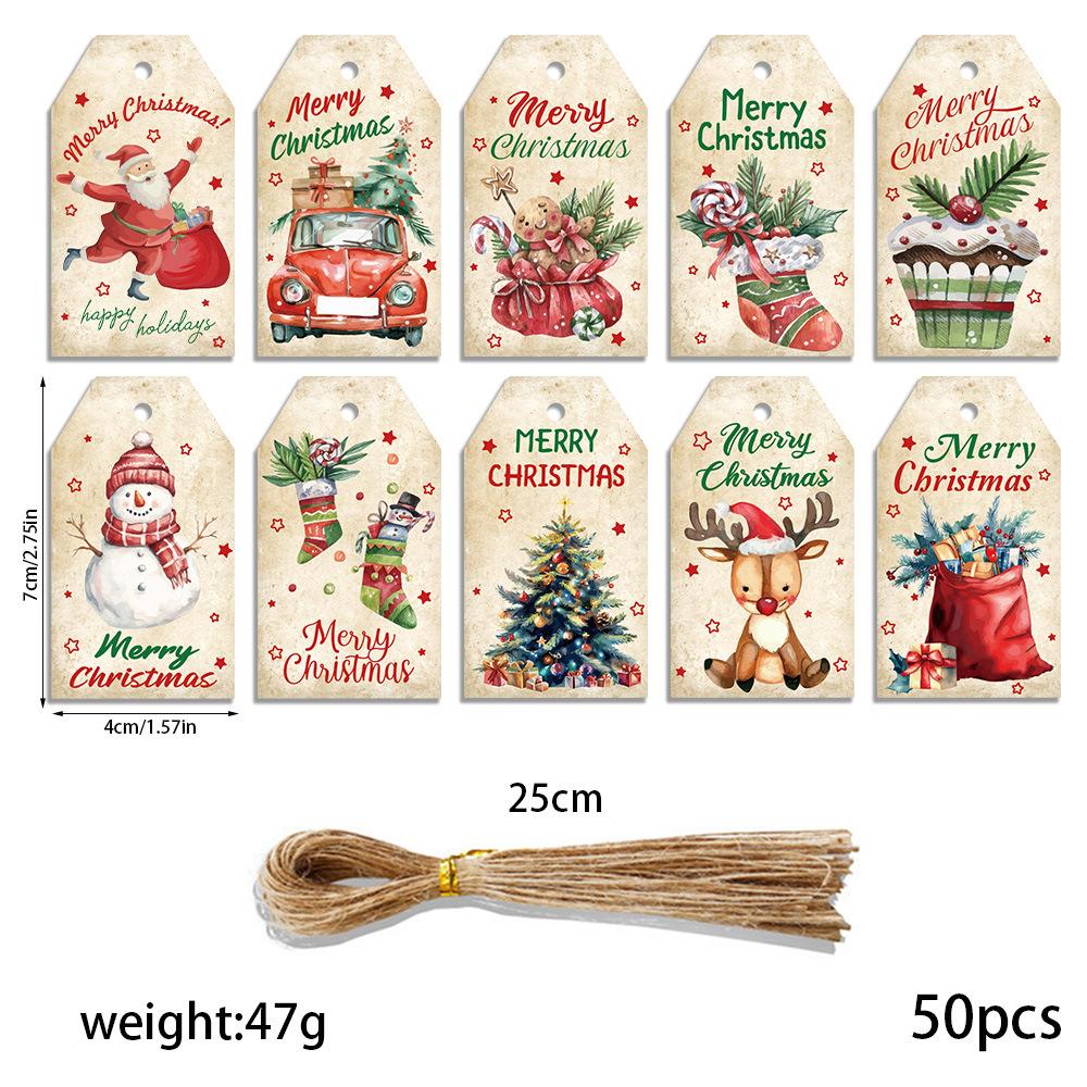 50pcs Vintage Christmas Gift Tags -Gingerbread, Snowman, Twine Rope for DIY Cards, Tree Decor, Holiday Home & Party Decorations