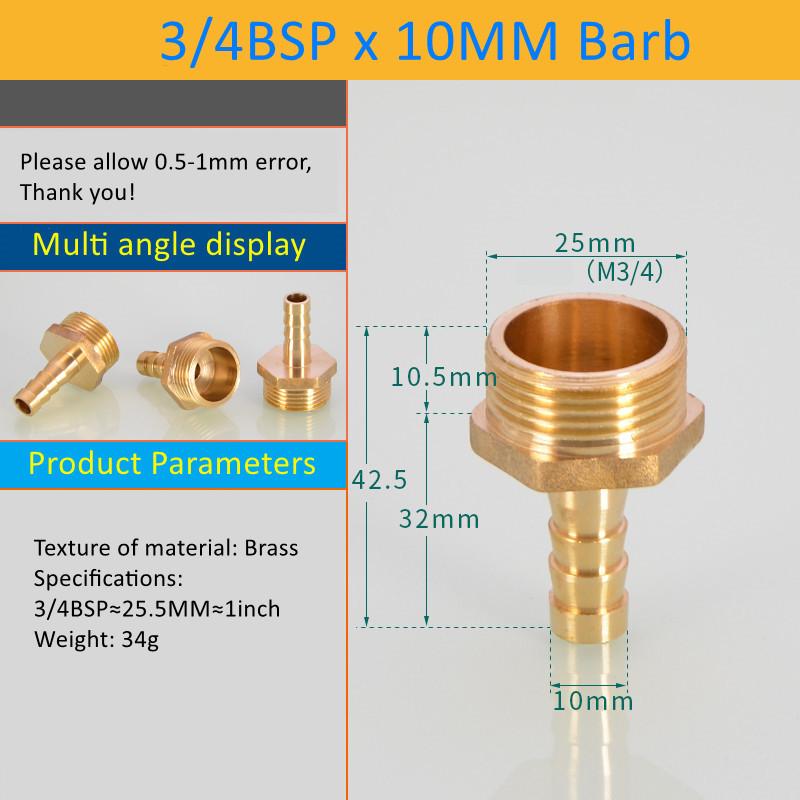 Pagoda Connector 6 8 10 12 14 16 19mm Hose Barb Connector Hose Tail Thread 3/4 BSP Thread PC Male Brass Water Pipe Fittings
