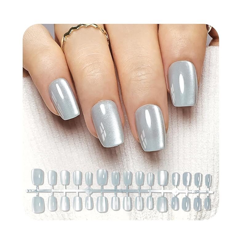 JODSONE Golden Brown Magic Mirror Press on Nails - Metallic Mirror Effect, Metal Chrome Square Stick On Nails Reusable, High Shine Warm Tone for Light Blue-Cat Eye