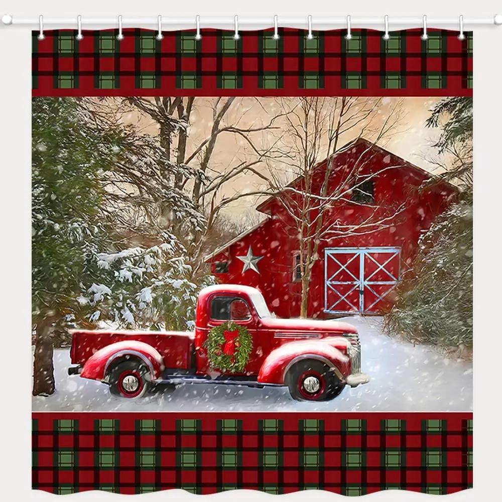 Weihnachts Duschvorhang Vintage Roter Truck Scheune Feiertagsbäume mit Schnee Polyesterstoff Badvorhänge mit Haken Für Badezimmer