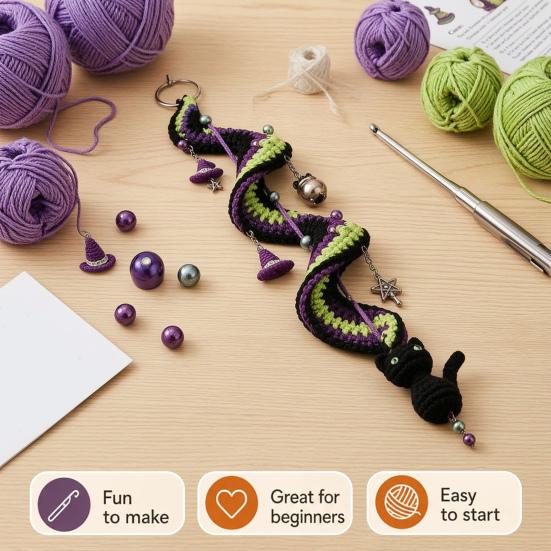 Decoração de Festival Interno Halloween Ornamento Pendurado Espiral de Crochê Kit DIY, Abóbora Fantasma Morcego Padrões Fáceis Gato Preto Artesanato Completo, Decoração de Feriado