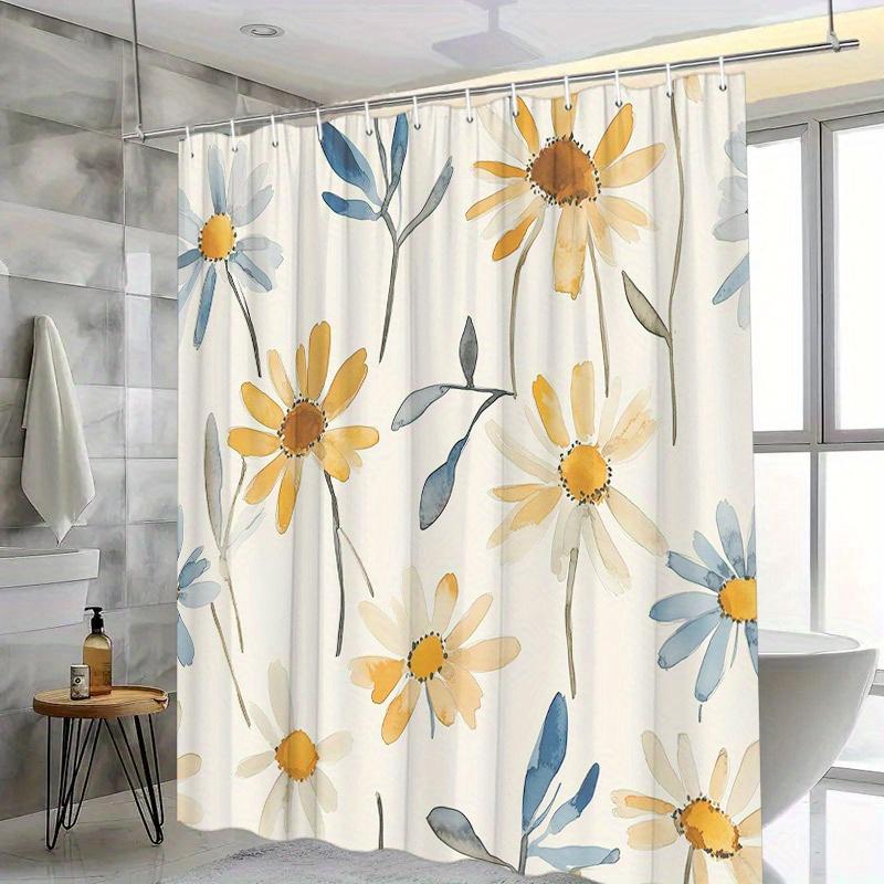 1pc Daisies Slender Leaves Seamless Shower Curtain - Soft Airy Floral Light Cream Polyester,Washable & Fashionable Home Decor