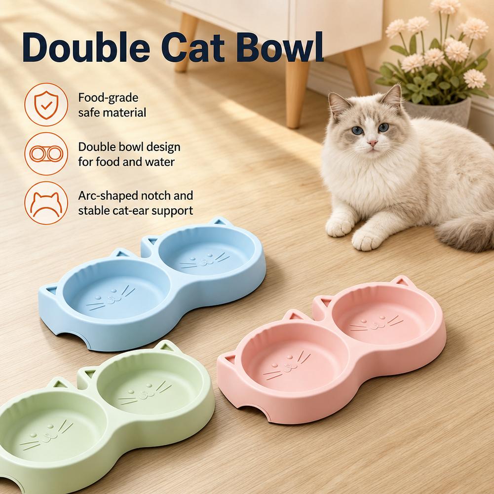 Pet Cat Double Bowl Material Non-Slip Puppy Cat Food Water Feeding Bowl Cute Cartoon Face Durable Dish