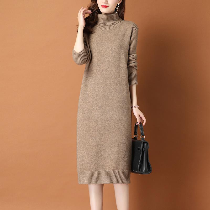 Turtleneck Sweater Dress for Women Solid Color Mid-length Knee-length Knitted Sweater Loose Long-sleeved Pullover Autumn and Winter