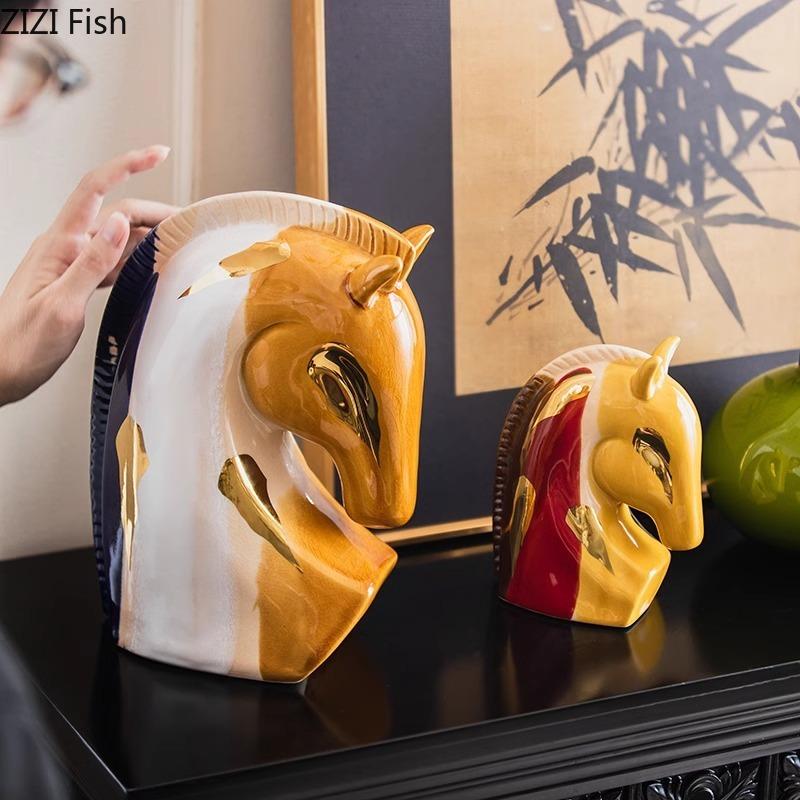 Painted Ceramic Horse Gold Plated Animal Artwork Statue Desk Decoration Ornaments Colorful Horse Sculpture Room Aesthetics Decor