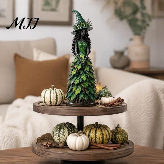 Autumn Home Decor Witch Figurine Statue, Resin Halloween Fall Tabletop Decor, Harvest Ornaments Shelf Ornament for Mantel Fireplace Desk Tiered