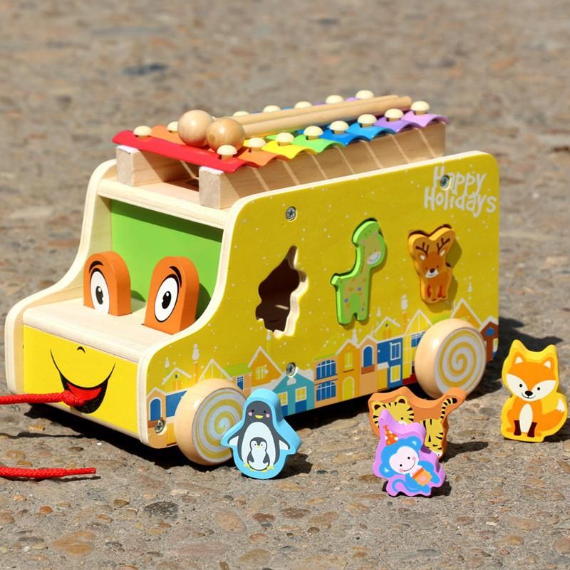 Cartoon Wooden Animal Geometric Shape Matching Trailer Toy