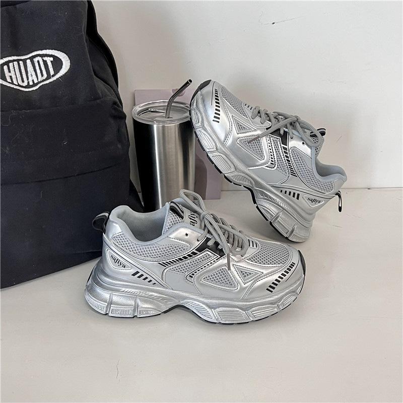 Fashion Size 36-42 Women High Heels Sneakers Casual Platform Leather Breath Mesh Tennis Athletic Shoes for Woman Lace Up 2024