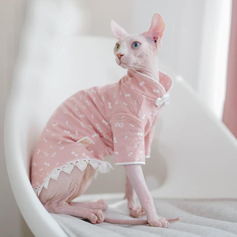 Sphynx Cat Clothes Cheongsam Dress for Kittens Spring Sweet Vest for female Cat Vintage Cardigan T-shirt for Devon Rex