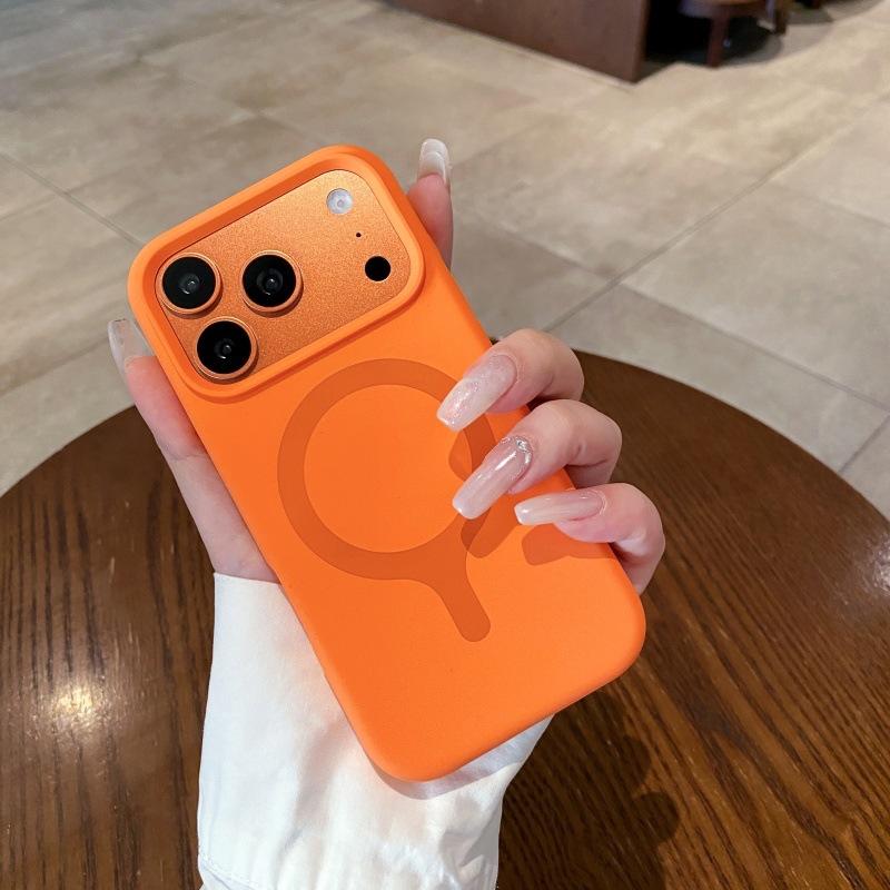 Applicable to iPhone17ProMax liquid silicone contrasting color one-piece magnetic mobile phone case Apple 16 solid color sense