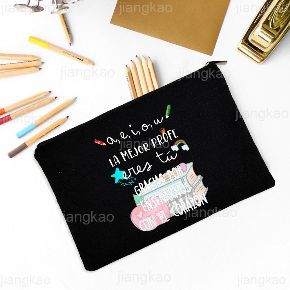 Best Teacher In The Word Spanish Print Pencil Bag School Stationery Supplies Storage Bags Travel Makeup Bag Toiletry Pouch Gifts