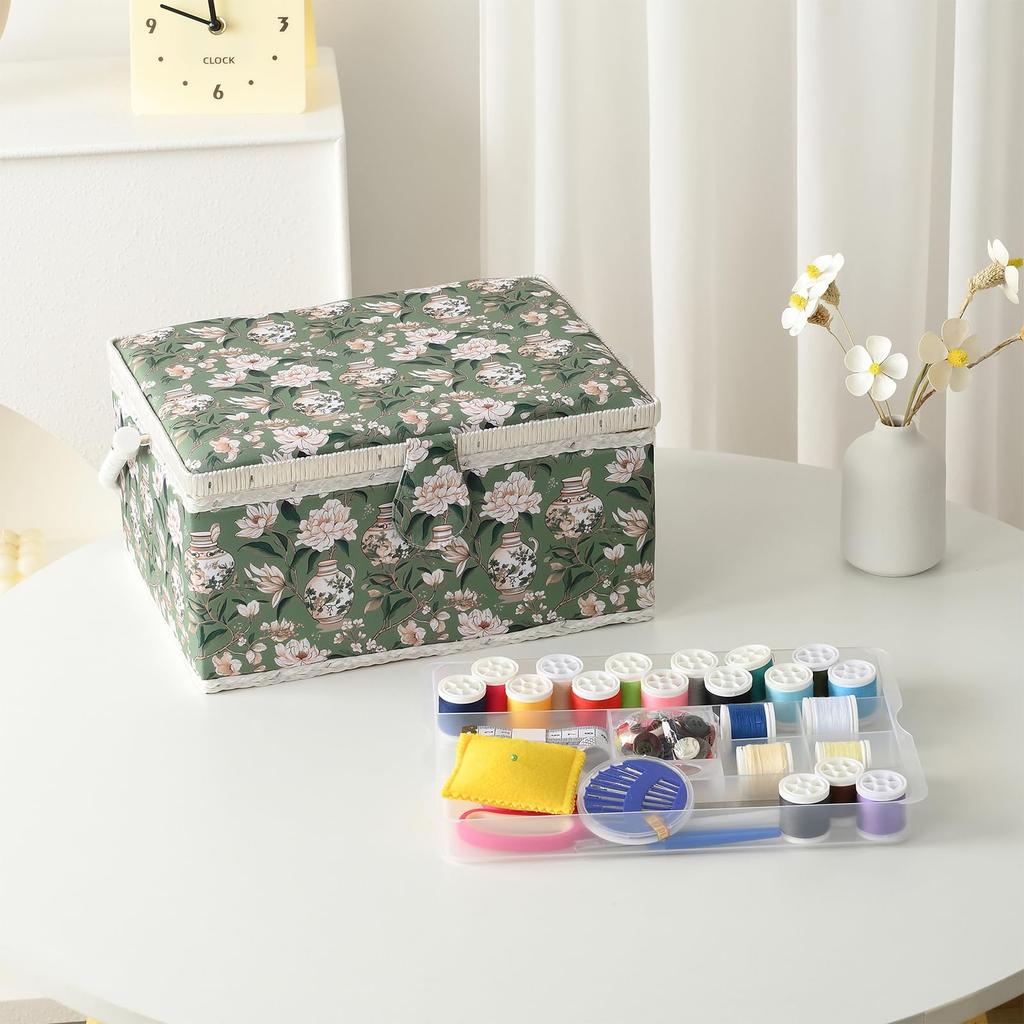 D&D Sewing Box, Sewing Kit, Large Capacity, Double Layer Storage, Sewing Accessory Storage Box 24*17.5*13cm (Large - Green)