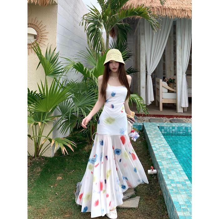 

Design sense watercolor dress suspender skirt women s new summer slim fishtail skirt chic beautiful foreign style long skirt S