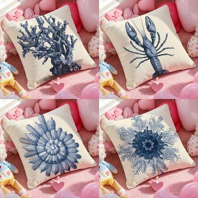 Blue Sea Creature Coral Shrimp Cushion Cover Anti-dustmite Pillowcase Invisible Zipper Silky Short Plush Sofa Cushion Cover