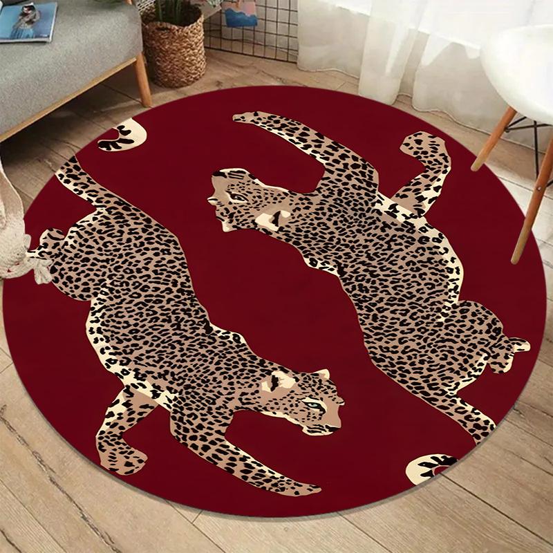 Leopard Print Round Carpet Brown Double Cheetah Pattern Rug for Living Room Bedroom Non Slip Floor Mat Exotic Safari Home Decor