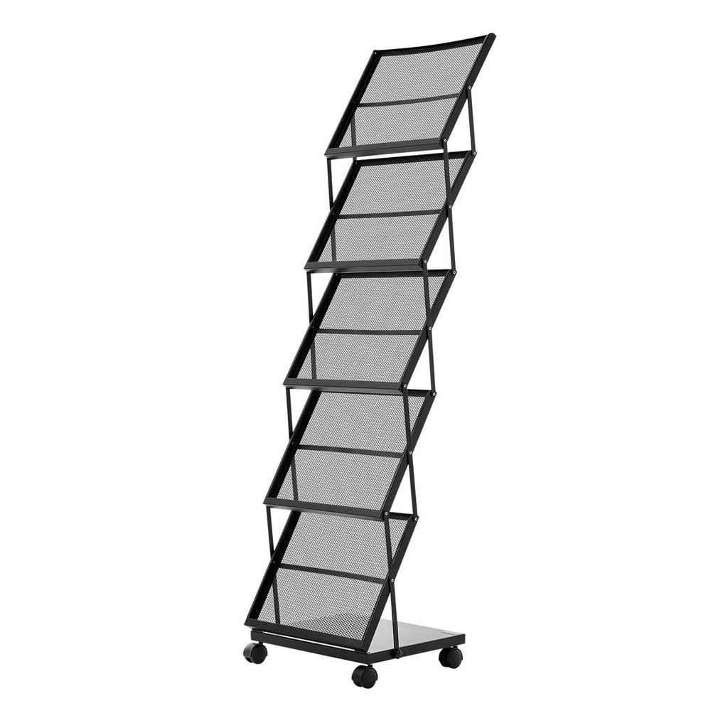 Brochure Display Rack, Foldable 5 Pockets Magazine Literature Display Stand, Movable Floor Standing Magazine Rack with Wheels, Metal Newspaper Catalog