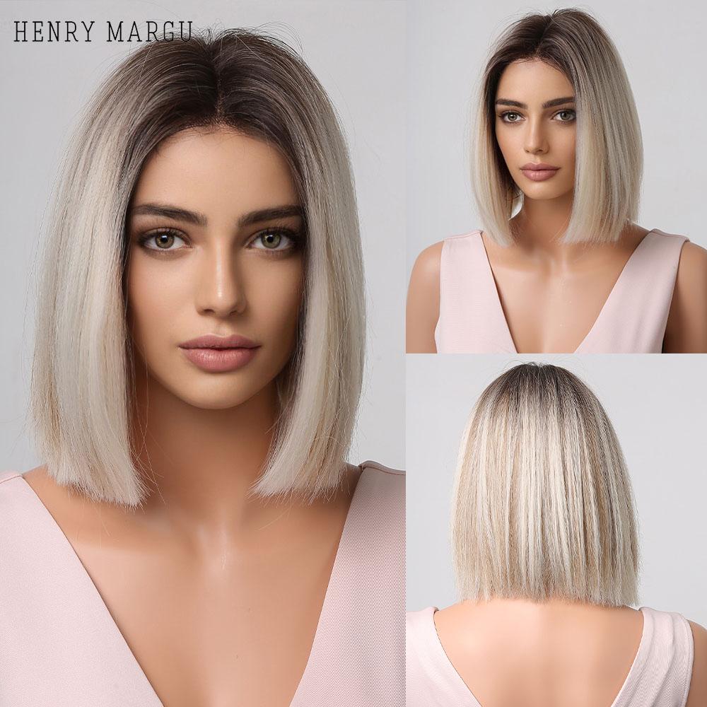 HENRY MARGU Short Bob Synthetic Wigs Ombre Black Brown White Natural Straight Wigs for Women Middle Part Daily Heat Resistant