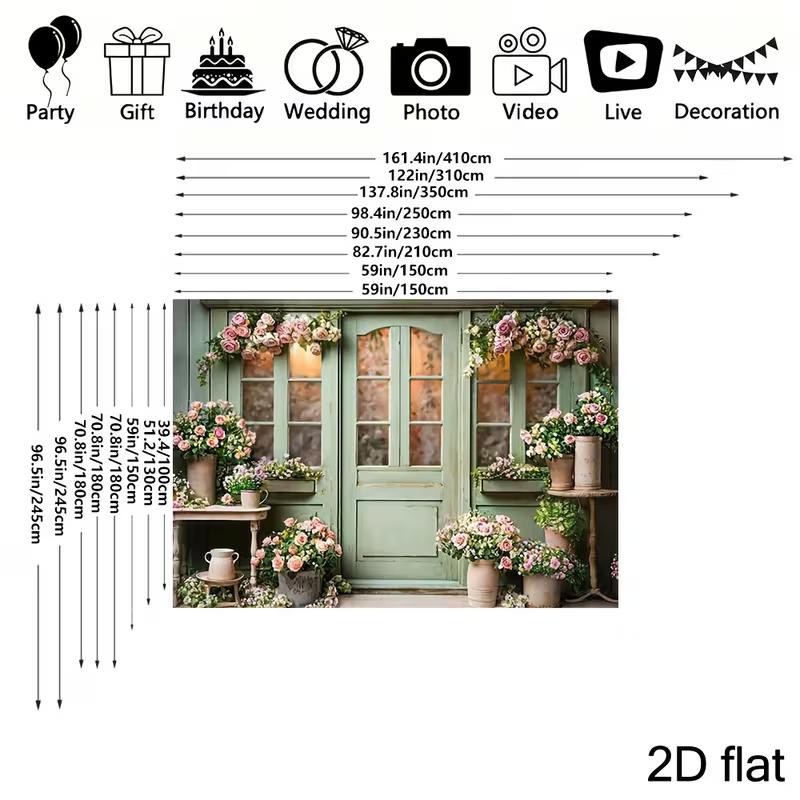 2D Floral Doorway Backdrop, Vintage Flower Shop with Potted Roses Background