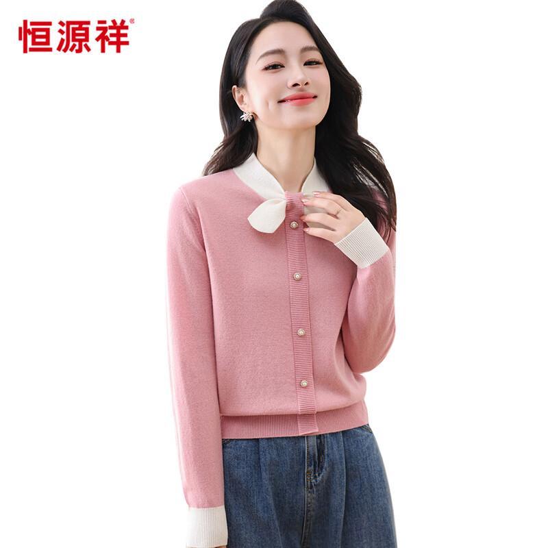Hengyuanxiang Women's 100% Wool Colorblock Bow-Knot Sweater