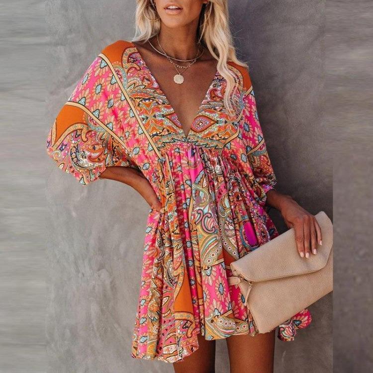 Elegantes A-Linien-Kleid mit Blumenprint und Rüschen für Damen Frühling Sommer Rückenfrei Schnürung Partykleid mit 3/4-Ärmeln Elastische Taille
