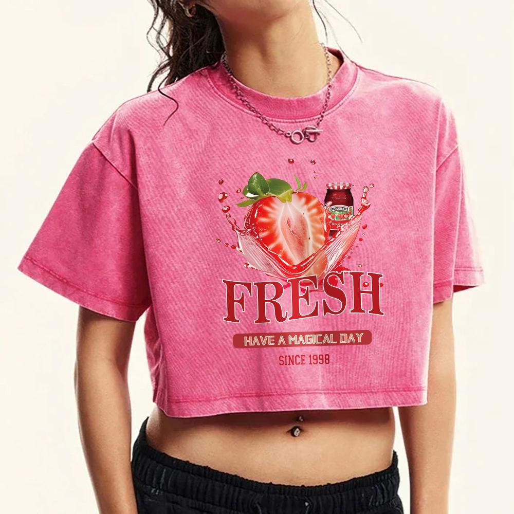 Frische Eingemachte Erdbeeren Druck Damen T-Shirt Gewaschenes Street Kurzarm Fitness T-Shirt Tops Rundhals Baumwoll-T-Shirts