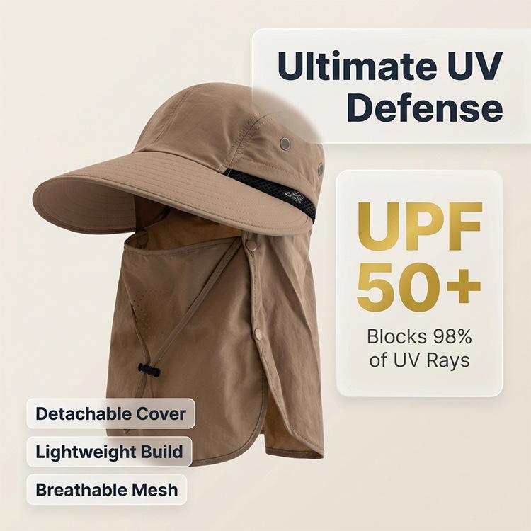 Custom Unisex Upf50+ Uv Protection Sun Hat Detachable Full Face Neck Flap Wide Brim Breathable Mesh Outdoor Fishing Hiking Hat