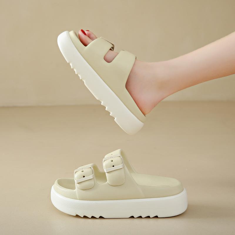 Thick Soled Height Increasing Slippers for Women In Summer, Two Tone Slippers for Outdoor Wear, Trendy Beach Anti Slip, Double Button, Straight Drag