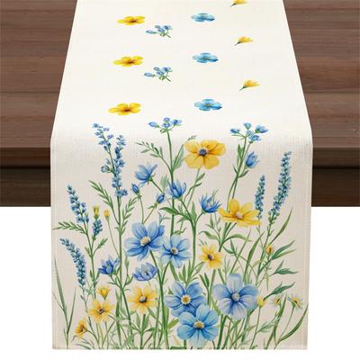 Blue Yellow Floral Linen Table Runner Party Decor Spring Watercolor Wildflowers Kitchen Dining Table Runners Home Decorations
