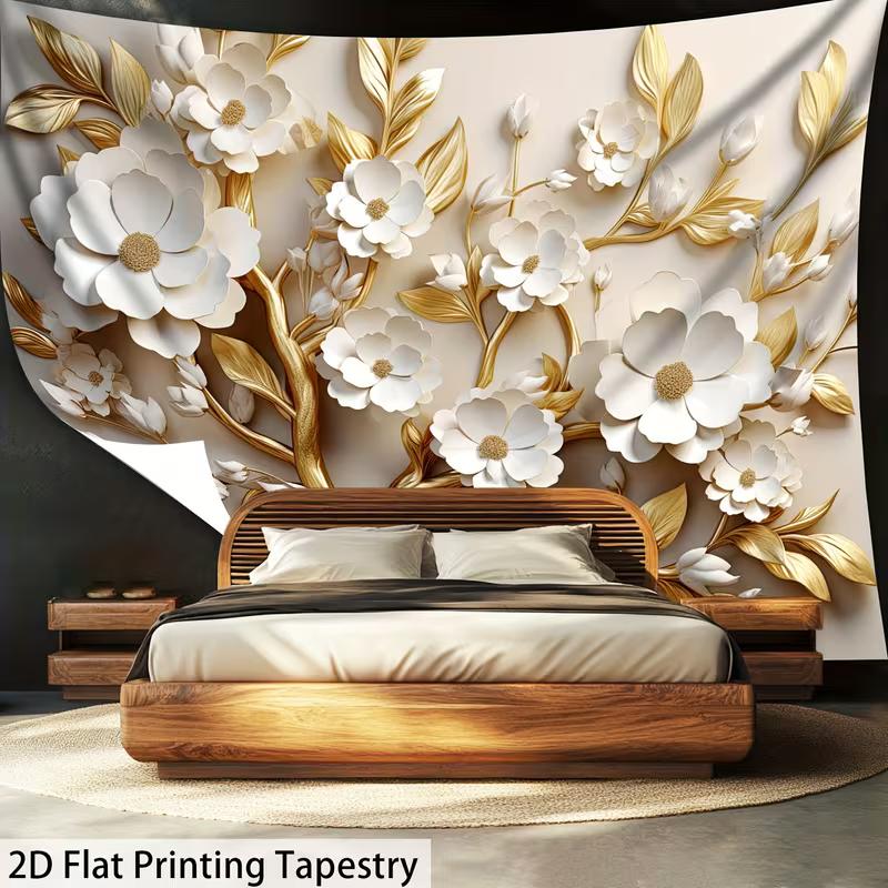 2D Sophisticated Gold and White Flower Tapestry Modern Room Decor