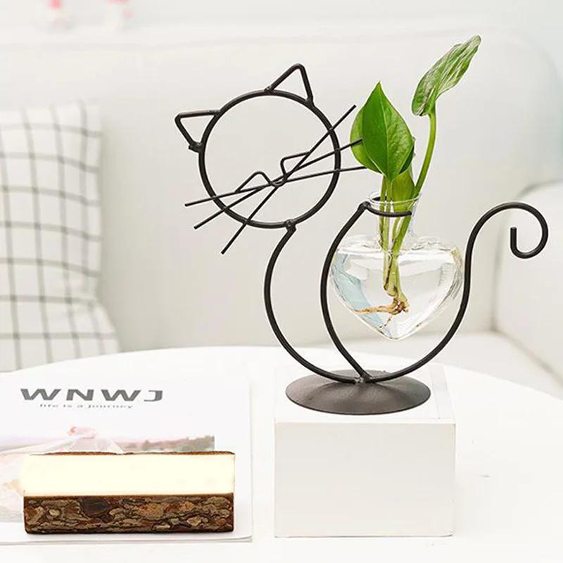 Härlig Katt Retro Järnlinje Vas Hydroponisk Växt Blomvas Hemdekoration Metall Växthållare Nordiska Stilar Järnvas Ornament