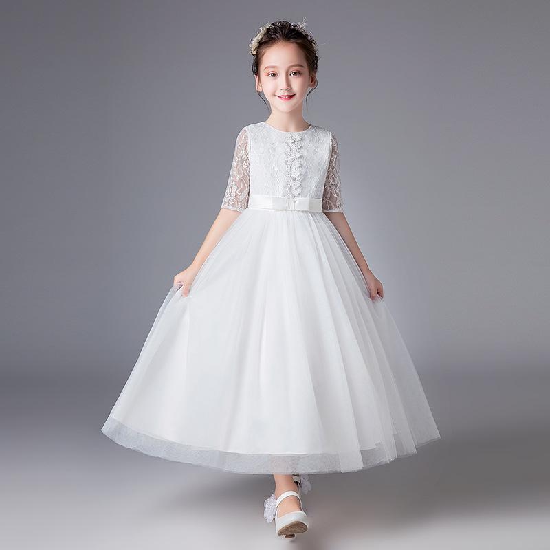 

Children s Puffy Tulle Wedding Dress with Lace and Mid-length Sleeves for Performances 120cm белый