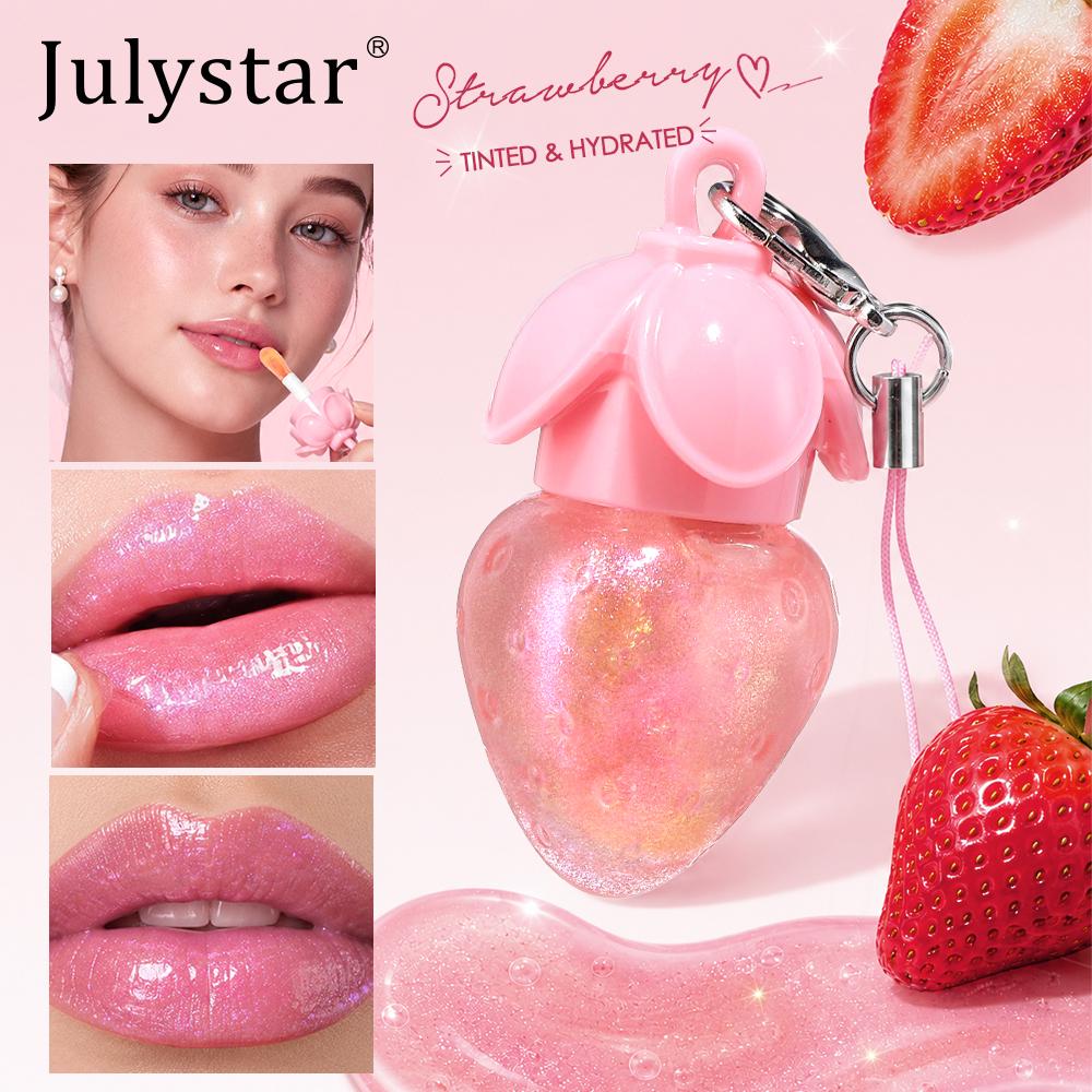 Süßer Erdbeer-Lipgloss mit Schlüsselanhänger-Riemen, Schimmernder Glitzer-Flüssiglippenstift, Feuchtigkeitsspendendes Lip Glow Öl, Pinker Spiegel-Lipliner für das Tägliche Natürliche Make-up
