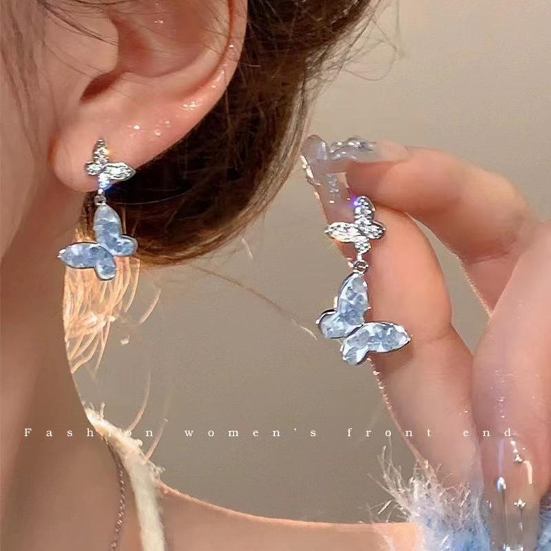 925 silver needle asymmetrical blue butterfly fringed earrings women's high-end temperament long pearl stud earrings ear jewelry
