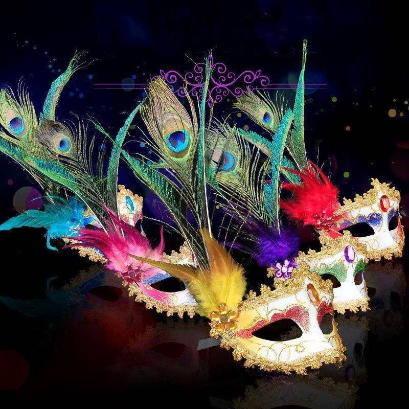 Masquerade Mask Women Peacock Feather Mask Mardi Gras Mask Fashion Blue Green Metal Shiny Rhinestone Halloween Party