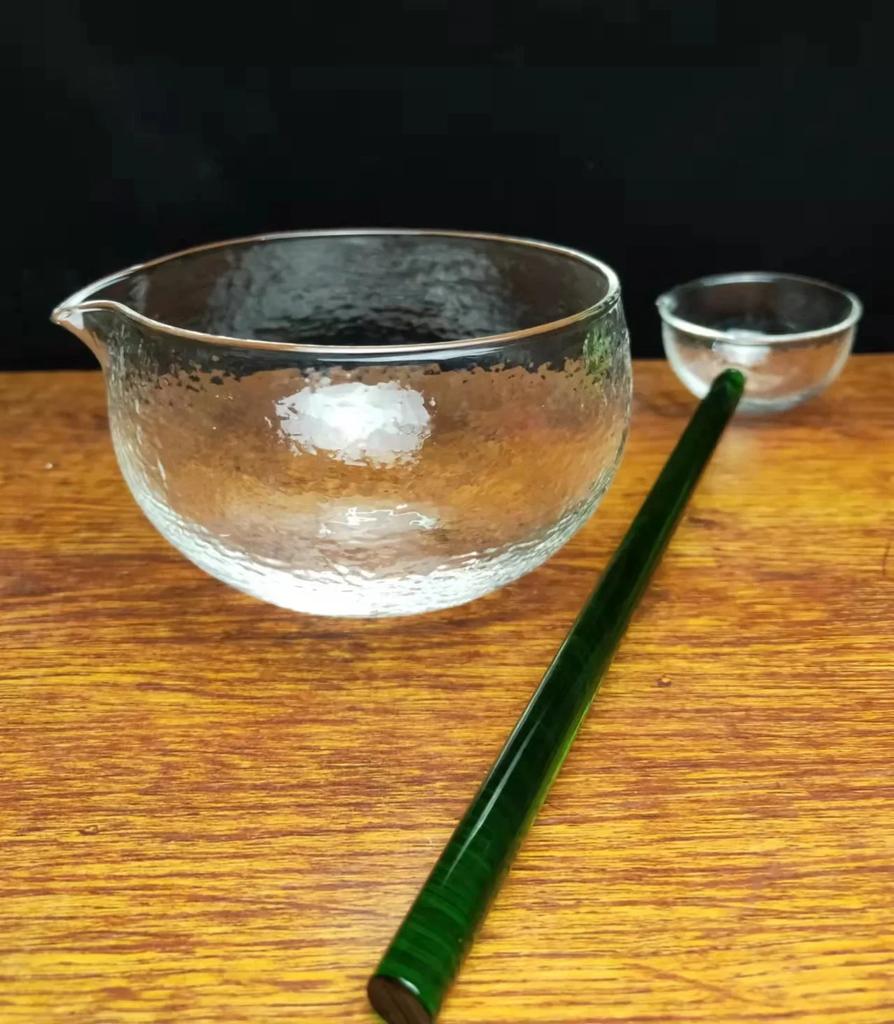 Textured Glass Matcha Bowl and spoon with Pouring Spout green Tea Japanese Style Matcha Kit Matcha Glass Bowl for Party