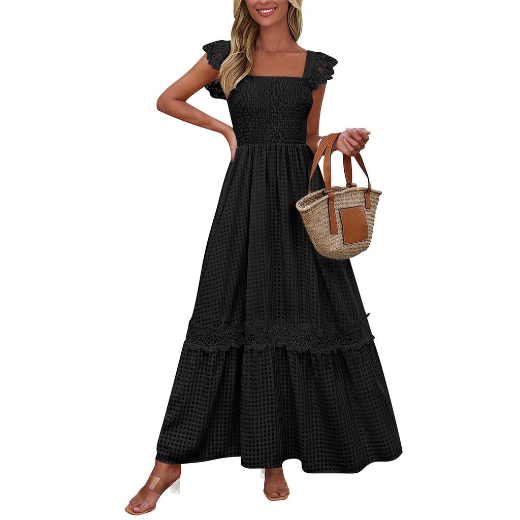 Women's Fashionable Color Square Neck Sleeveless Lace Patchwork Vacation Long Skirt Dress