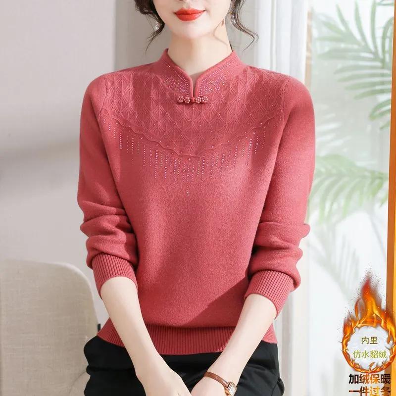 Middle-aged Elderly Women's Autumn Winter New Knitted Base Shirt Half Turtleneck Plus Velvet Thickened Sweater Fashion Top