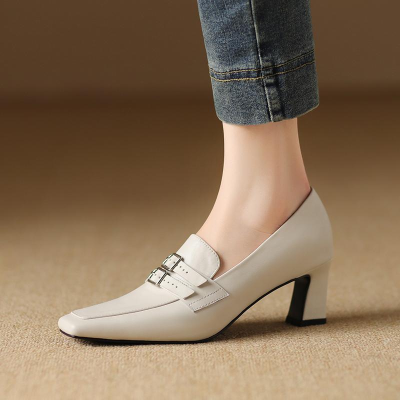 Fashion Women's Shoes Genuine Leather Shoes High Heel Fashion Retro Elegant Square Toe Comfort Casual Shoes Woman Commute Office Pumps