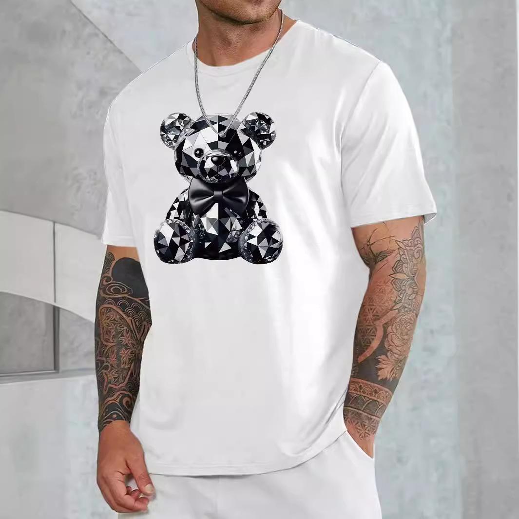 

Cartoon Bear Cotton T-Shirt Short Sleeve Round Neck Women 2d Print Tops XL білий