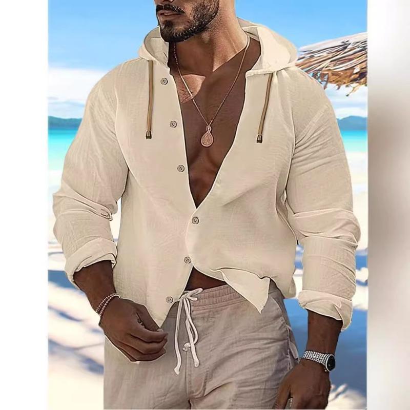 Men's Cross-border Button-up Summer Shirt Solid Color Daily Independent Station Long Sleeve Plain Hooded Cardigan Casual Wear