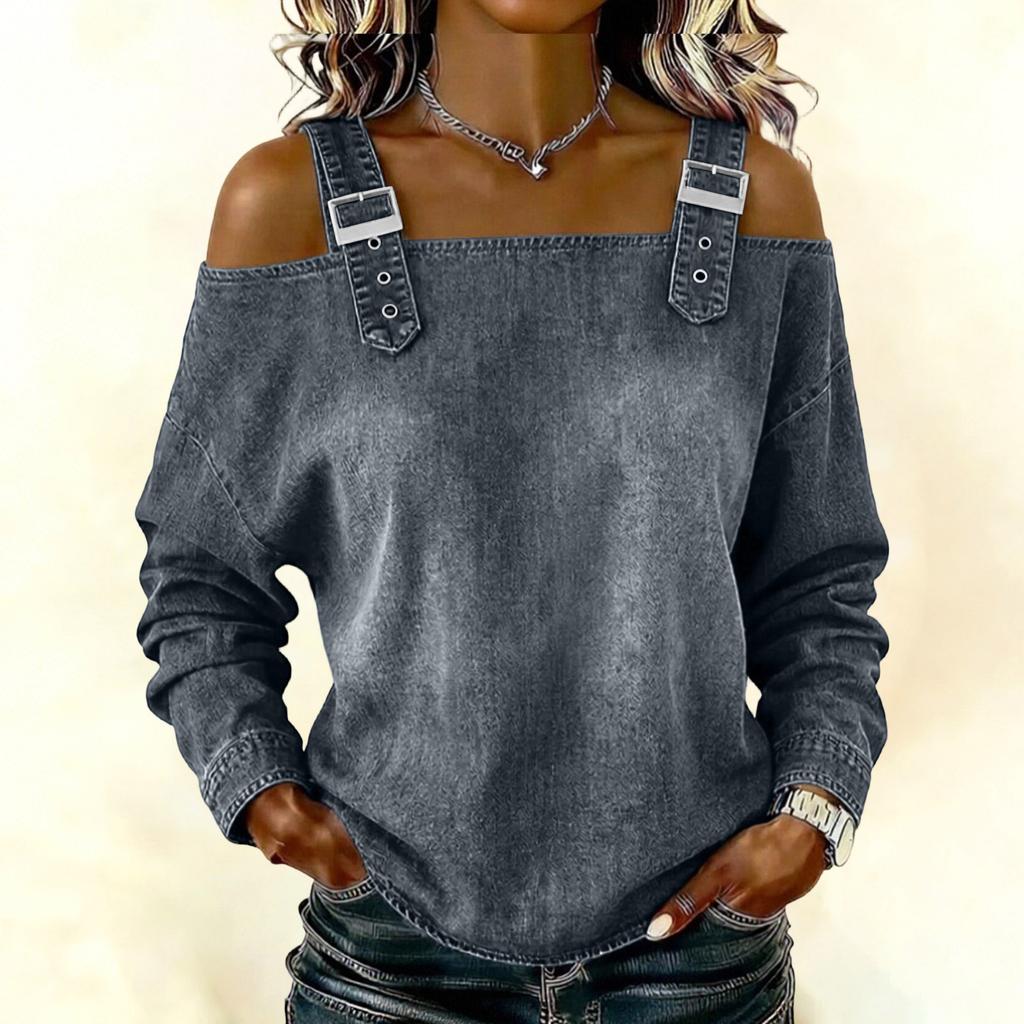 Women's Elegant And Versatile Off-the-shoulder Long-sleeved Top With Shoulder Straps.