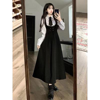 Podzimní 3dílná sada šatů ve stylu Preppy Ženy Ležérní Jednoduché Košile + Kravata+ Elegantní Šaty s páskem bez rukávů Korejský módní oblek