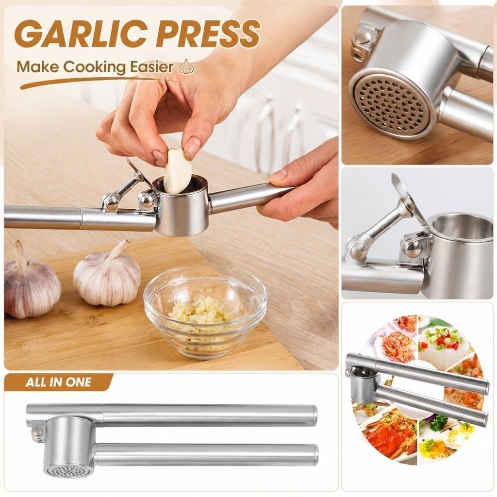 Stainless Steel Garlic Press Manual Garlic Crusher Handheld Garlic Mincer Kitchen Tool with Ergonomic Handle and Easy Clean Design