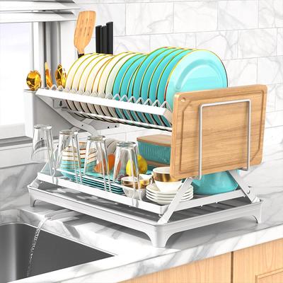 Scolapiatti da cucina a 2 ripiani, portaoggetti pieghevole per piatti, organizer per bicchieri d'acqua con scarico retrattile a 360°