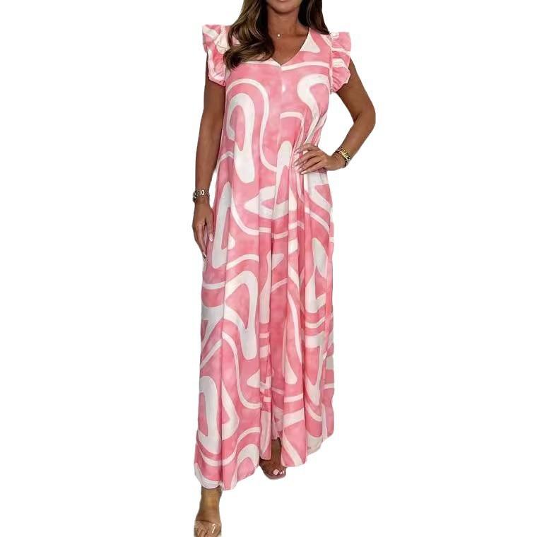 GMXIA Summer Women's Lace-up Lotus Sleeve Wide Leg Trousers Printed Casual Jumpsuit Women