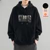 Men's Black American Style Heavyweight Hoodie - Spring/Autumn Loose Fit Printed Pullover