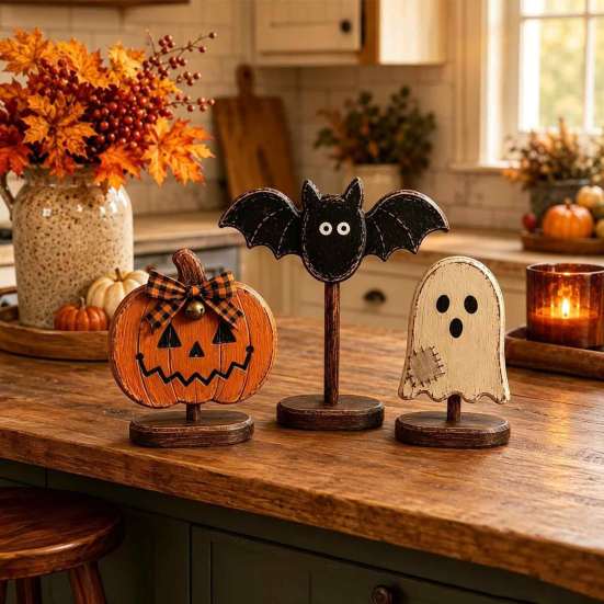 Autumn Atmosphere Interior Accents Halloween Wooden Tabletop Decor, Vintage Pumpkin Ghost Bat Figurines, Rustic Farmhouse Fall Party Indoor